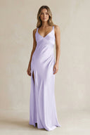 V - Neck Sheath Satin Bridesmaid Dress With Slit in Lavender - KISS BRIDAL Bridesmaid Dresses