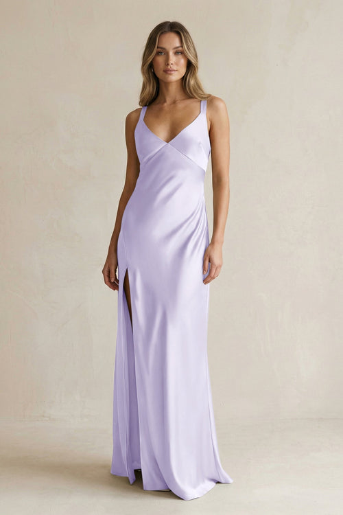 V - Neck Sheath Satin Bridesmaid Dress With Slit in Lavender - KISS BRIDAL Bridesmaid Dresses