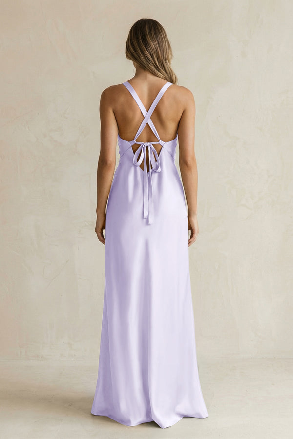 V - Neck Sheath Satin Bridesmaid Dress With Slit in Lavender - KISS BRIDAL Bridesmaid Dresses