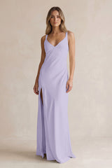 V-Neck Sheath Satin Bridesmaid Dress With Slit in Lavender | KISSBRIDAL