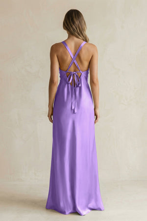 V - Neck Sheath Satin Bridesmaid Dress With Slit in Lilac - KISS BRIDAL Bridesmaid Dresses