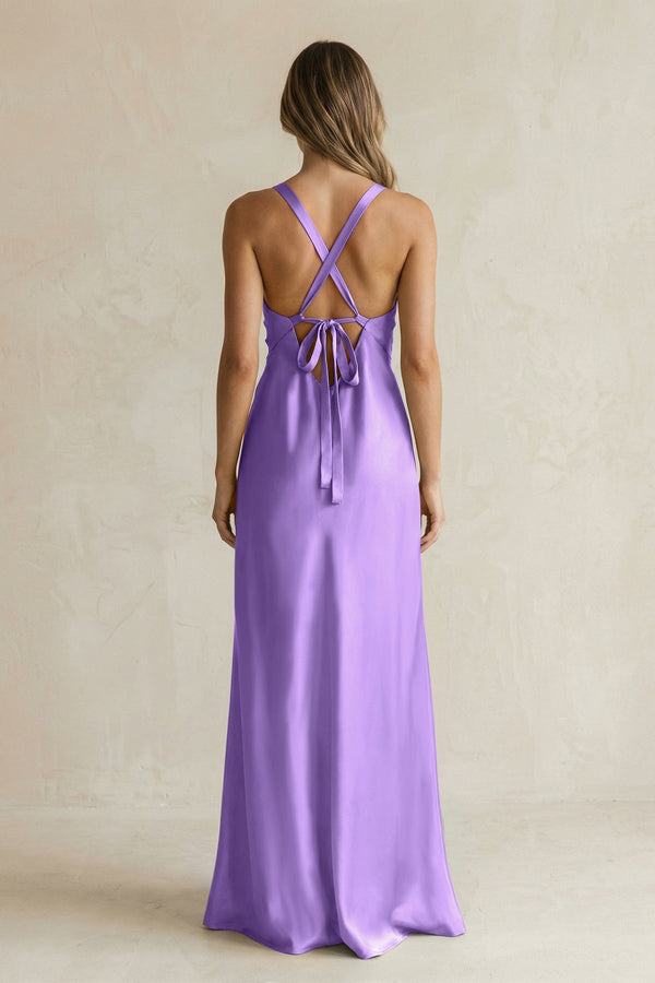 V - Neck Sheath Satin Bridesmaid Dress With Slit in Lilac - KISS BRIDAL Bridesmaid Dresses