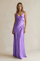 V - Neck Sheath Satin Bridesmaid Dress With Slit in Lilac - KISS BRIDAL Bridesmaid Dresses