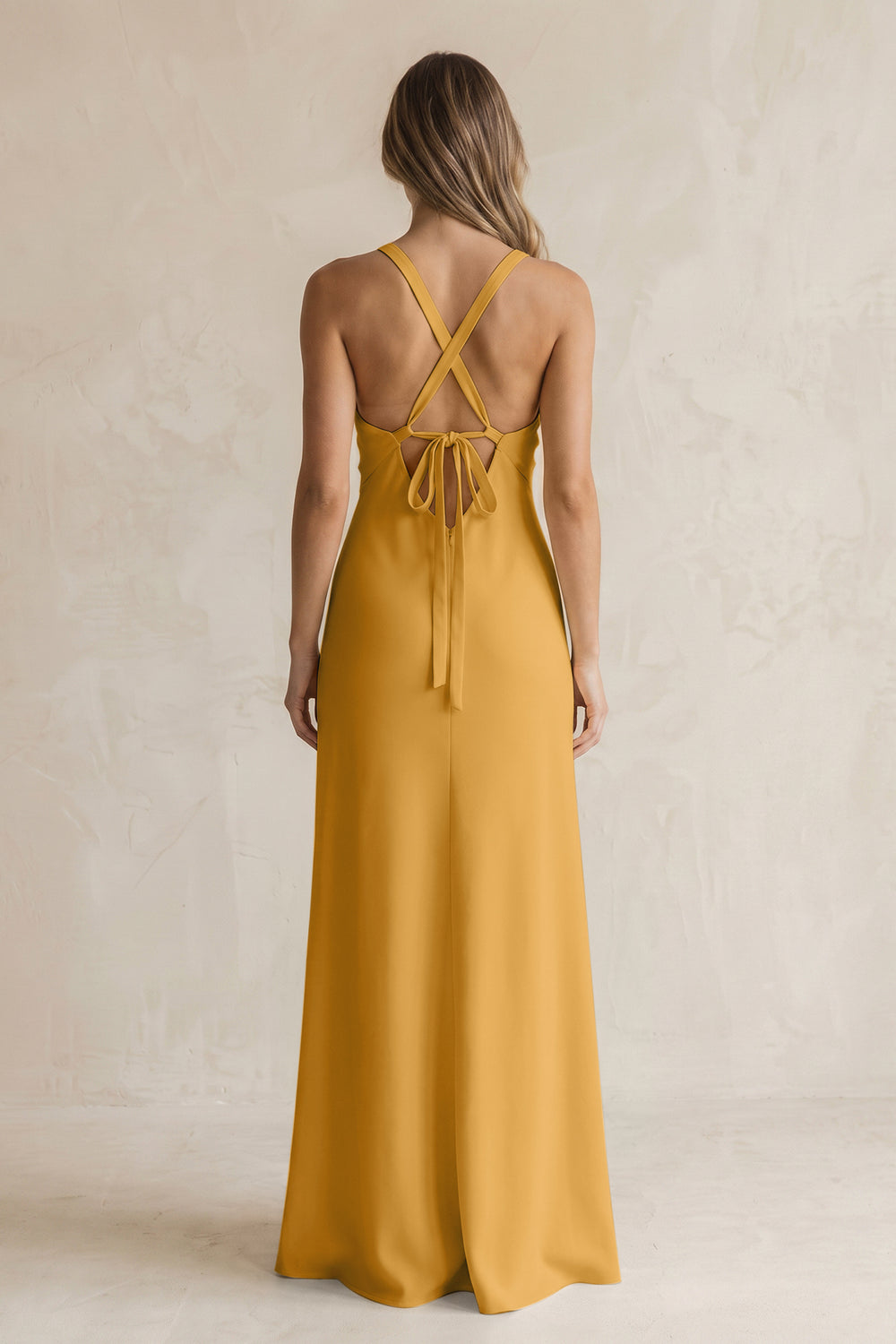 V-Neck Sheath Satin Bridesmaid Dress With Slit in Marigold