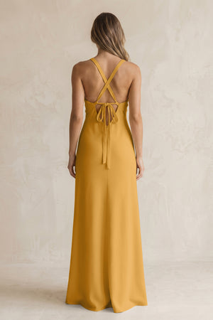 V-Neck Sheath Satin Bridesmaid Dress With Slit in Marigold (2) | KISSBRIDAL