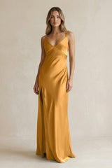 V - Neck Sheath Satin Bridesmaid Dress With Slit in Marigold - KISS BRIDAL Bridesmaid Dresses