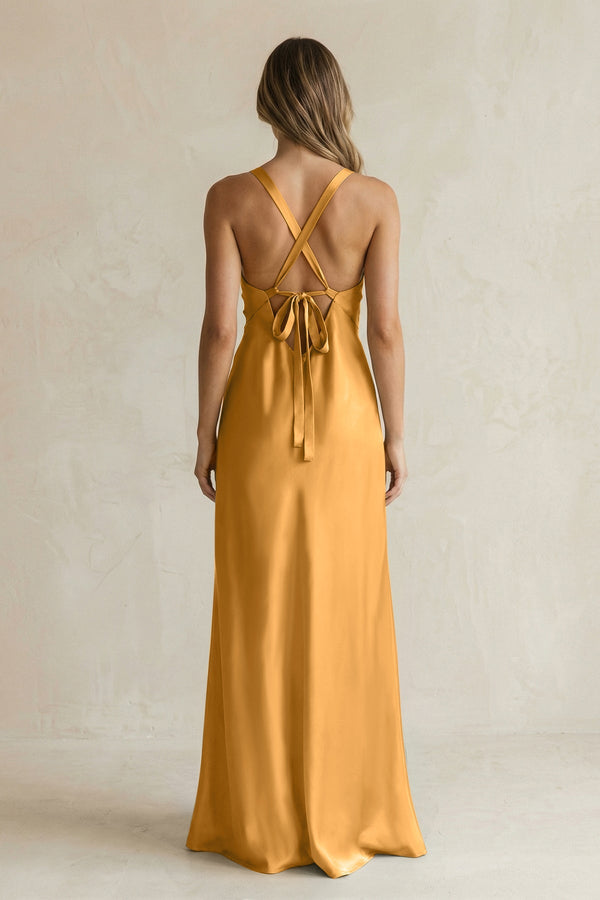 V - Neck Sheath Satin Bridesmaid Dress With Slit in Marigold - KISS BRIDAL Bridesmaid Dresses