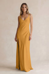 V-Neck Sheath Satin Bridesmaid Dress With Slit in Marigold | KISSBRIDAL