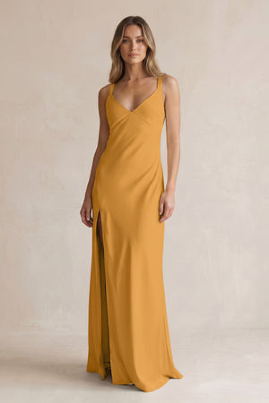 V-Neck Sheath Satin Bridesmaid Dress With Slit in Marigold | KISSBRIDAL