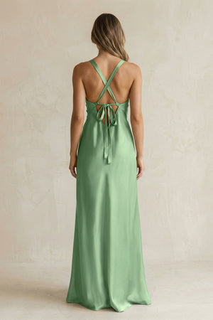 V - Neck Sheath Satin Bridesmaid Dress With Slit in Matcha - KISS BRIDAL Bridesmaid Dresses