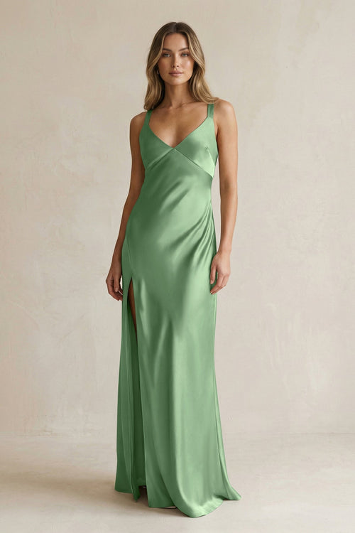 V - Neck Sheath Satin Bridesmaid Dress With Slit in Matcha - KISS BRIDAL Bridesmaid Dresses