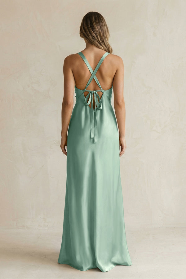 V - Neck Sheath Satin Bridesmaid Dress With Slit in Mint Green - KISS BRIDAL Bridesmaid Dresses