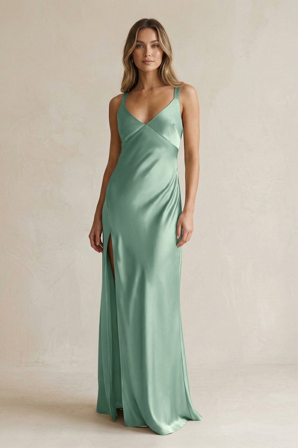 V - Neck Sheath Satin Bridesmaid Dress With Slit in Mint Green - KISS BRIDAL Bridesmaid Dresses