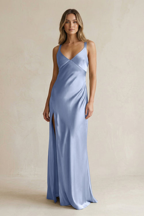 V - Neck Sheath Satin Bridesmaid Dress With Slit in Mist - KISS BRIDAL Bridesmaid Dresses