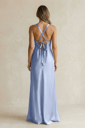 V - Neck Sheath Satin Bridesmaid Dress With Slit in Mist - KISS BRIDAL Bridesmaid Dresses