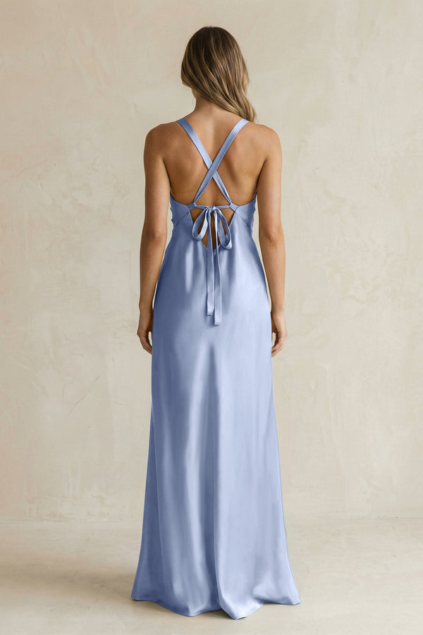 V - Neck Sheath Satin Bridesmaid Dress With Slit in Mist - KISS BRIDAL Bridesmaid Dresses