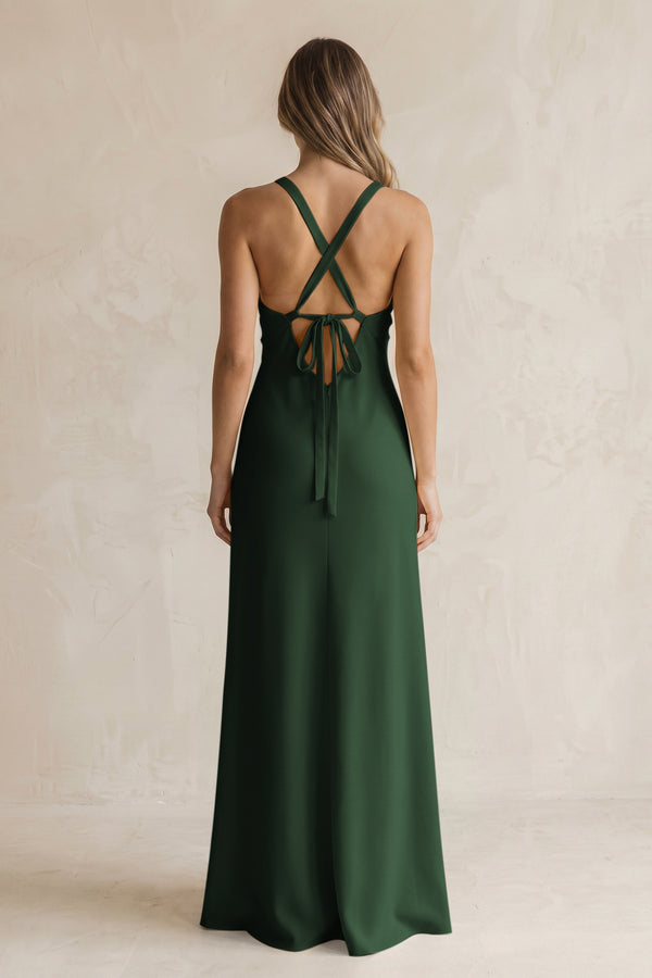 V-Neck Sheath Satin Bridesmaid Dress With Slit in Moss (2) | KISSBRIDAL