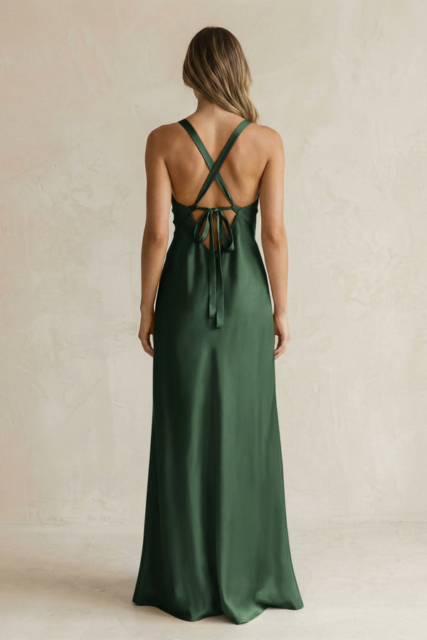 V - Neck Sheath Satin Bridesmaid Dress With Slit in Moss - KISS BRIDAL Bridesmaid Dresses