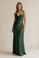 V - Neck Sheath Satin Bridesmaid Dress With Slit in Moss - KISS BRIDAL Bridesmaid Dresses