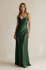 V - Neck Sheath Satin Bridesmaid Dress With Slit in Moss - KISS BRIDAL Bridesmaid Dresses