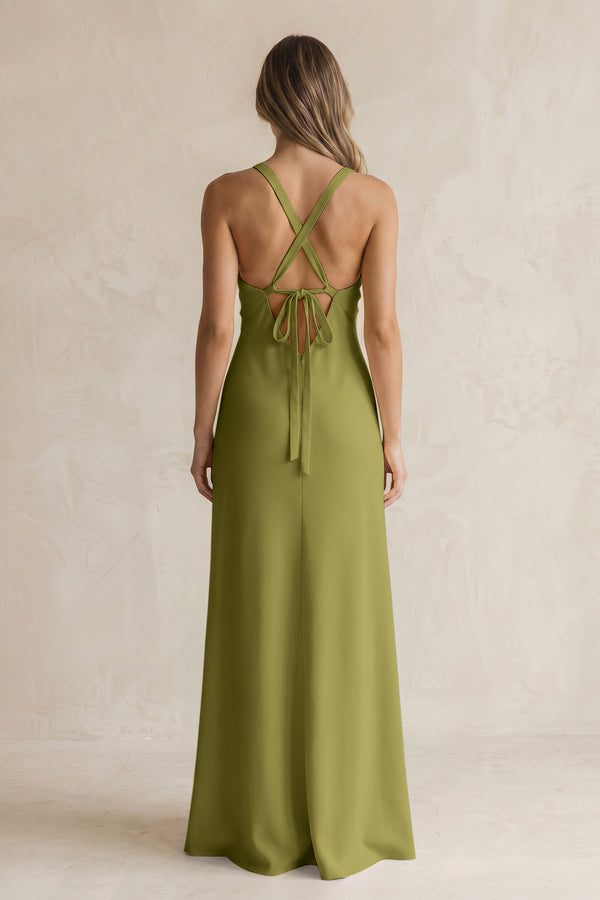 V-Neck Sheath Satin Bridesmaid Dress With Slit in Moss Green (2) | KISSBRIDAL