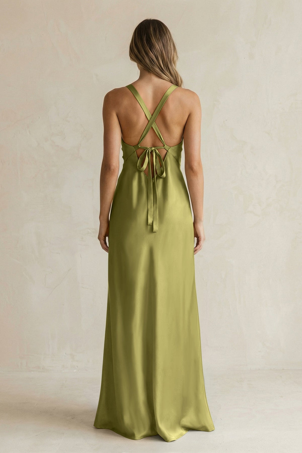 V - Neck Sheath Satin Bridesmaid Dress With Slit in Moss Green - KISS BRIDAL Bridesmaid Dresses