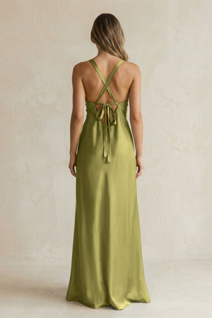 V - Neck Sheath Satin Bridesmaid Dress With Slit in Moss Green - KISS BRIDAL Bridesmaid Dresses