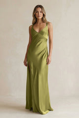 V - Neck Sheath Satin Bridesmaid Dress With Slit in Moss Green - KISS BRIDAL Bridesmaid Dresses