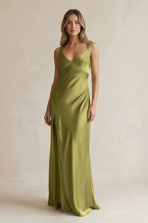 V - Neck Sheath Satin Bridesmaid Dress With Slit in Moss Green - KISS BRIDAL Bridesmaid Dresses