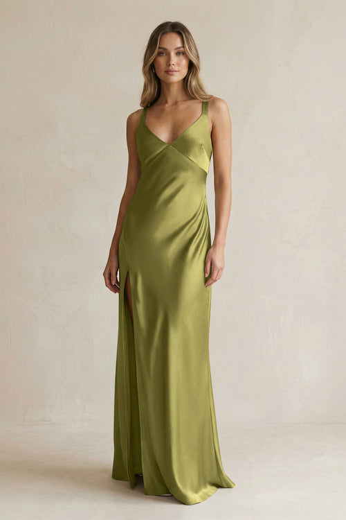 V - Neck Sheath Satin Bridesmaid Dress With Slit in Moss Green - KISS BRIDAL Bridesmaid Dresses