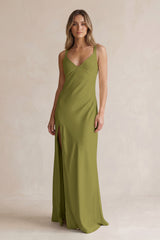 V-Neck Sheath Satin Bridesmaid Dress With Slit in Moss Green | KISSBRIDAL