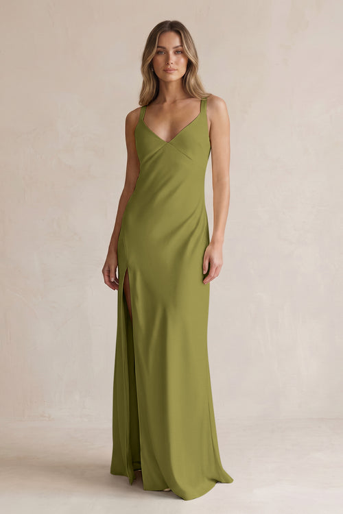 V-Neck Sheath Satin Bridesmaid Dress With Slit in Moss Green | KISSBRIDAL