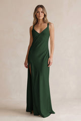 V-Neck Sheath Satin Bridesmaid Dress With Slit in Moss | KISSBRIDAL