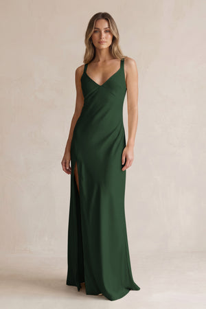 V-Neck Sheath Satin Bridesmaid Dress With Slit in Moss | KISSBRIDAL