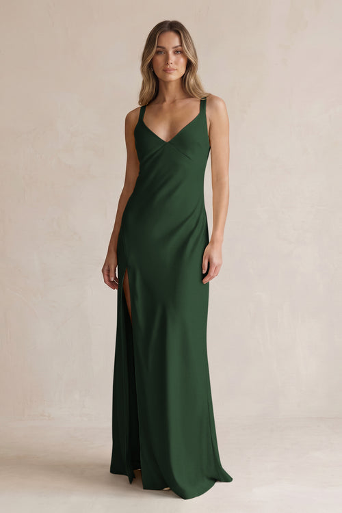 V-Neck Sheath Satin Bridesmaid Dress With Slit in Moss | KISSBRIDAL