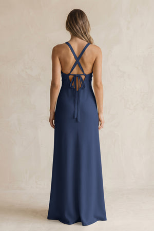 V-Neck Sheath Satin Bridesmaid Dress With Slit in Navy (2) | KISSBRIDAL