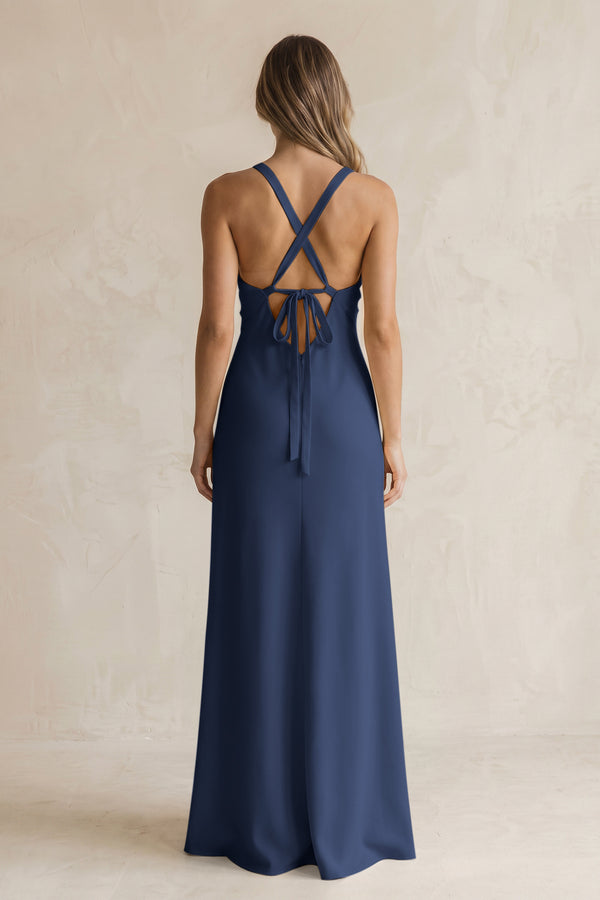 V-Neck Sheath Satin Bridesmaid Dress With Slit in Navy (2) | KISSBRIDAL