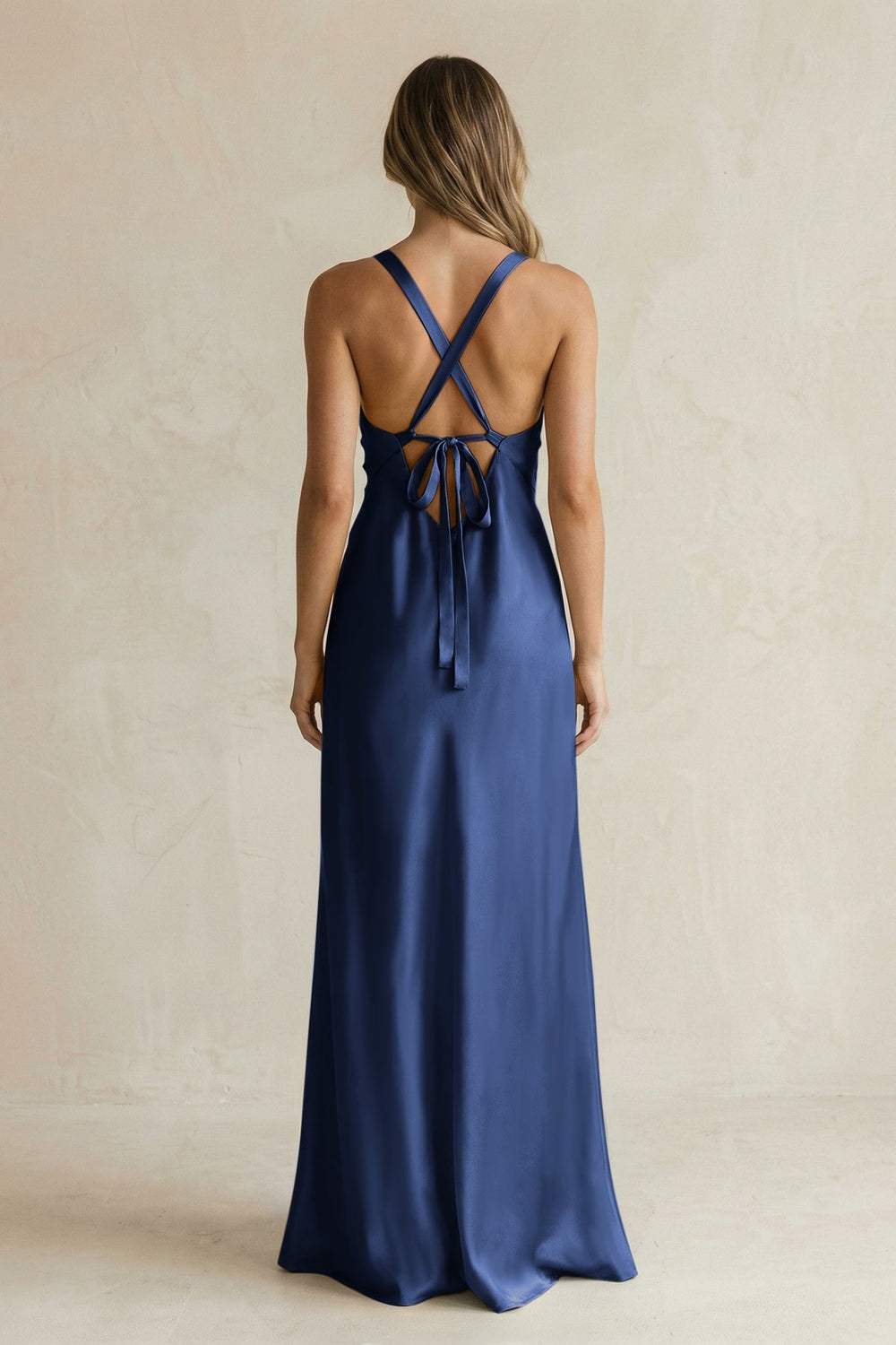 V - Neck Sheath Satin Bridesmaid Dress With Slit in Navy - KISS BRIDAL Bridesmaid Dresses