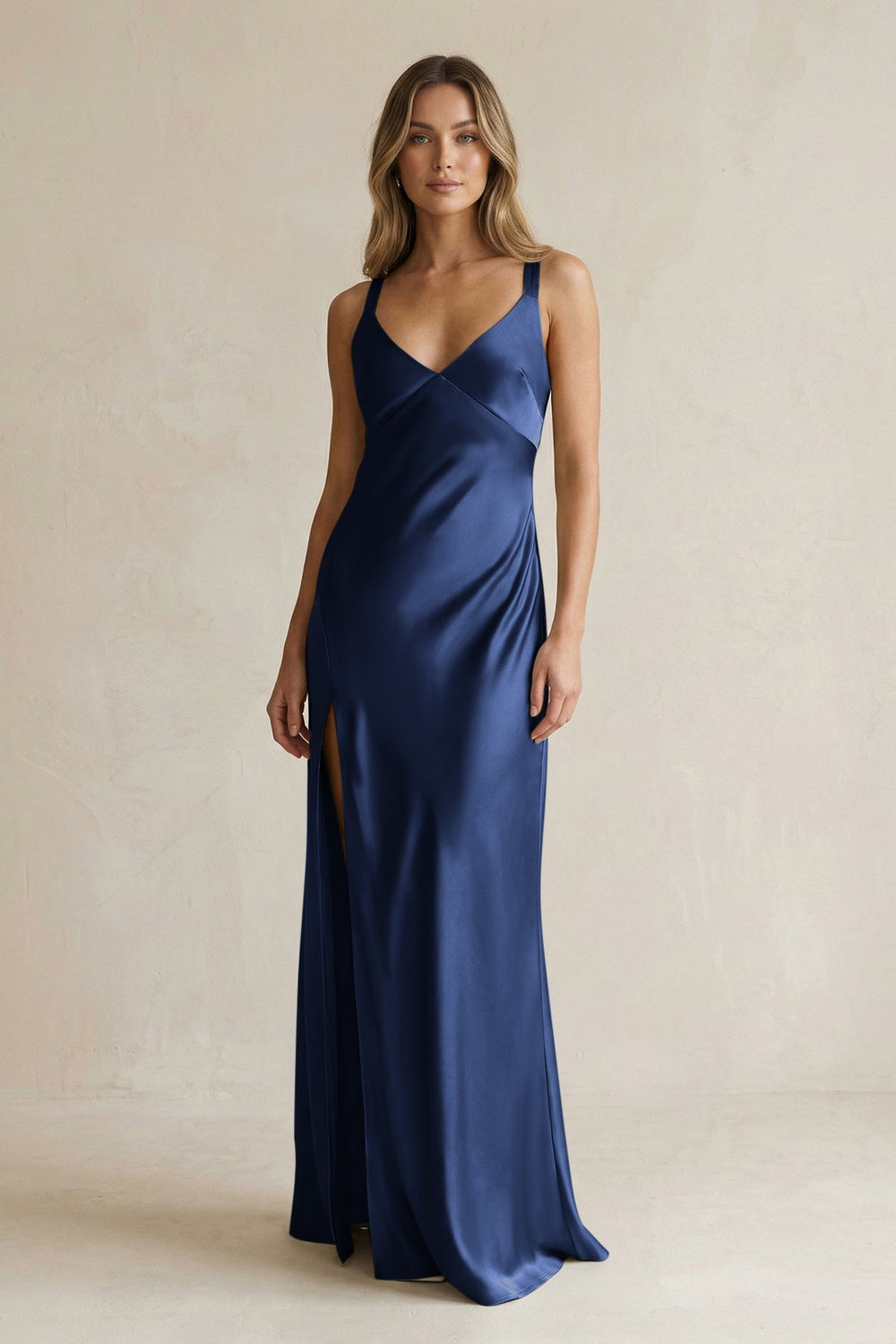 V - Neck Sheath Satin Bridesmaid Dress With Slit in Navy - KISS BRIDAL Bridesmaid Dresses