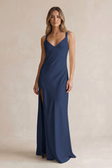 V-Neck Sheath Satin Bridesmaid Dress With Slit in Navy | KISSBRIDAL