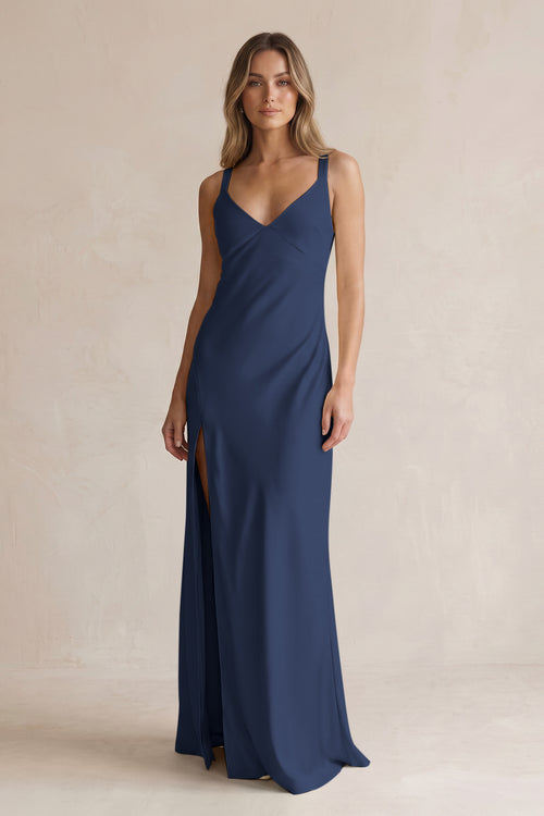 V-Neck Sheath Satin Bridesmaid Dress With Slit in Navy | KISSBRIDAL