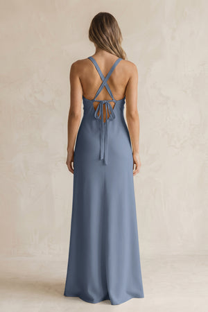 V-Neck Sheath Satin Bridesmaid Dress With Slit in Neptune (2) | KISSBRIDAL