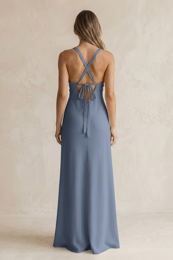 V-Neck Sheath Satin Bridesmaid Dress With Slit in Neptune (2) | KISSBRIDAL