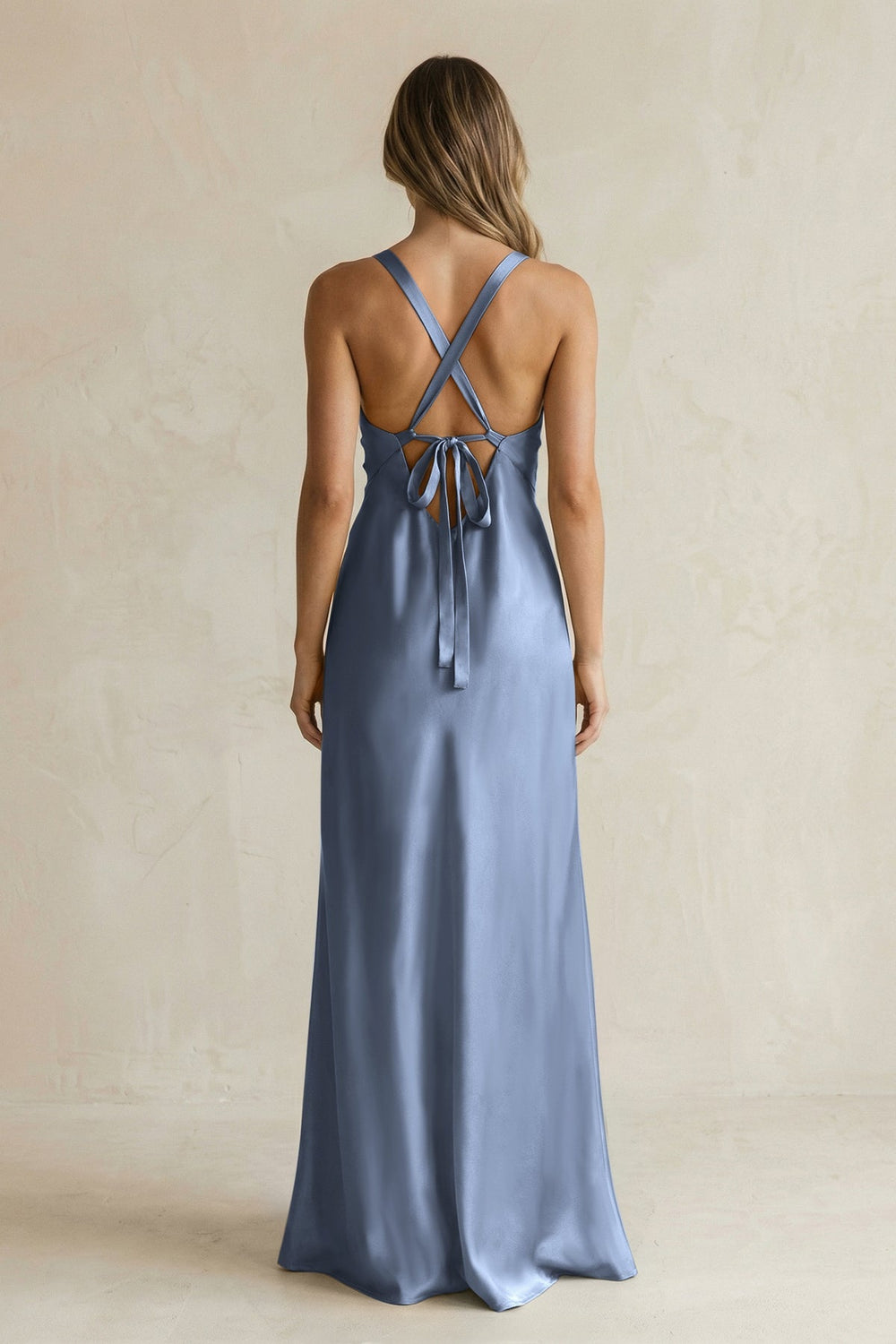 V - Neck Sheath Satin Bridesmaid Dress With Slit in Neptune - KISS BRIDAL Bridesmaid Dresses