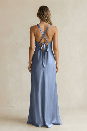 V - Neck Sheath Satin Bridesmaid Dress With Slit in Neptune - KISS BRIDAL Bridesmaid Dresses