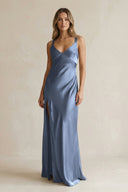 V - Neck Sheath Satin Bridesmaid Dress With Slit in Neptune - KISS BRIDAL Bridesmaid Dresses