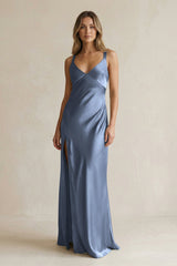 V - Neck Sheath Satin Bridesmaid Dress With Slit in Neptune - KISS BRIDAL Bridesmaid Dresses