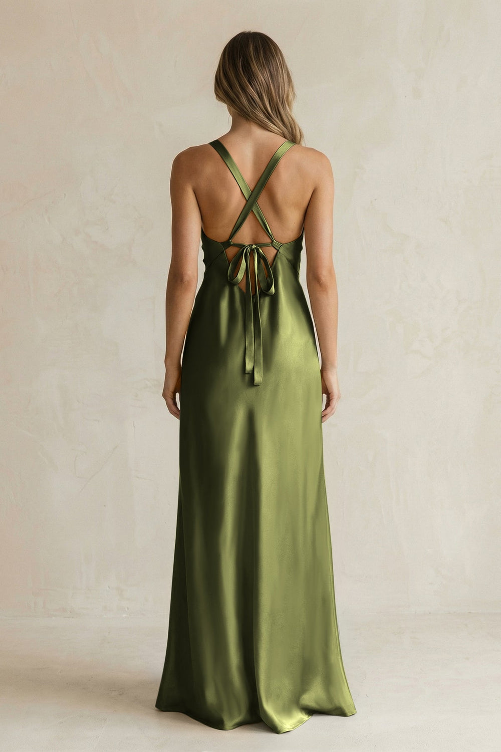 V - Neck Sheath Satin Bridesmaid Dress With Slit in Olive - KISS BRIDAL Bridesmaid Dresses