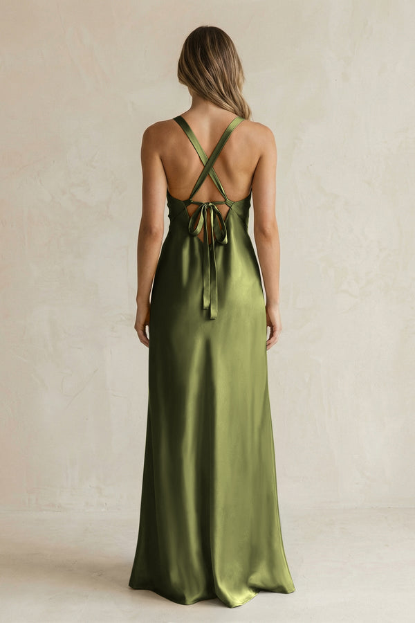 V - Neck Sheath Satin Bridesmaid Dress With Slit in Olive - KISS BRIDAL Bridesmaid Dresses