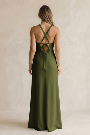 V-Neck Sheath Satin Bridesmaid Dress With Slit in Olive (2) | KISSBRIDAL